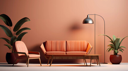 Wall Mural - A set of three different types of furniture and a lamp on a table and a chair with a plant in it