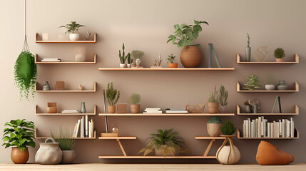 Wall Mural - A set of three shelves with plants and books on them