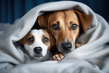 Canvas Print - A mother dog and her puppy son together under a blanket on the bed,