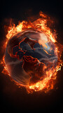 Fototapeta  - Globe on fire on black background, global warming and climate change concept.