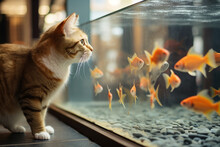 A Funny Kitten Watches And Hunts For Fish In An Aquarium.