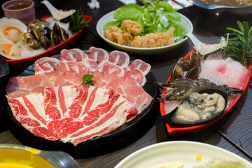 Poster - Delicious hotpot with fresh beef and vegetable in restaurant