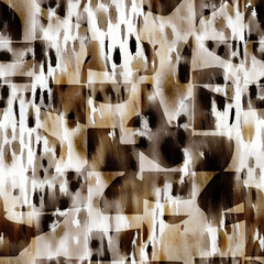 Wall Mural - Seamless watercolor leopard pattern with geometric monochrome pattern.