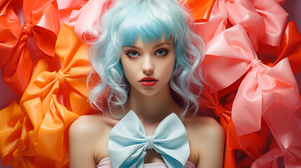 Wall Mural - 
Portrait of a beautiful young lady with blue hair, surrounded by cheerful and vibrant ribbons contributing to the colorful background. The concept is associated with gifts and surprises.