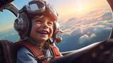 Fototapeta  - Happy kid dream job airplane captain in a pilot suit posing inside the plane in the cockpit. Future dream job for kid
