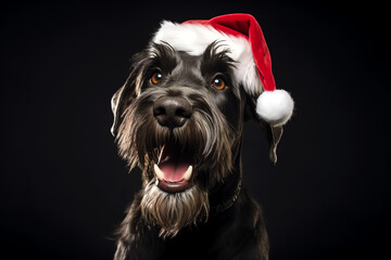 Wall Mural - giant schnauzer dog wearing red santa hat excited for christmas