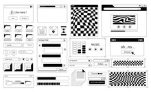 Set Of Computer Retro Interface In 2000s Style. Custom PC Design Elements. Modern Vector Illustration In Black And White Design On An Isolated Background.