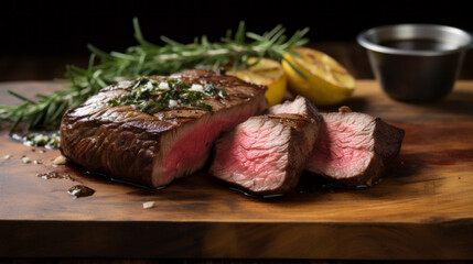 Wall Mural - Grilled sliced Beef Steak on a wooden board