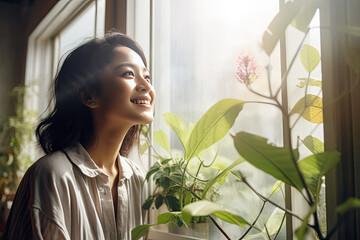 woman smiling looking out window with a window plant