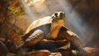 A contented tortoise basking under a warm beam of sunlight.