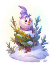 Wall Mural - Cute and handsome snowman surrounded by Christmas trees, sticker on a white background. Perfect for presents cards and 