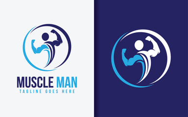 Poster - Muscle Man Logo Design. Abstract Muscular Man Pose Combine with Circle Shapes. Vector Logo Illustration.