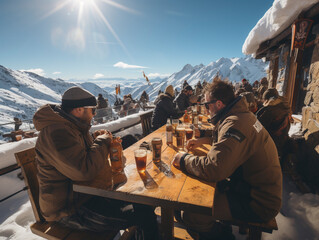 Skiers sit on the terrace of a mountain hut in the snow after a ski tour, Ai generated