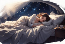 Woman Sleeping Comfortably In Bed Covered With Duvet At Night Full Of Stars