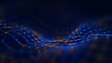 Poster - Abstract technology wave with dots and lines. Flow of particles. Big data transfer visualization. 3d rendering.