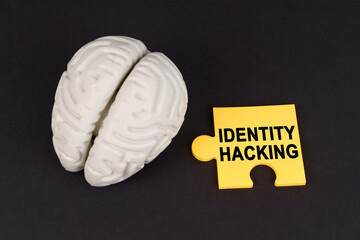 Poster - On a black surface lies a brain and a yellow puzzle with the inscription - Identity Hacking