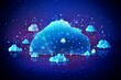 cloud computing technological concept for data transport. In the middle is a sizable, easily recognizable cloud emblem with internal connections. and a little icon on a dark blue background