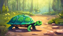 Hello, Turtle. She Strolls On The Damp Ground, Finding A Flat Rock To Hide In Her Shell. Goodnight, Little Turtle, Style Of 2D Animation, Cartoon