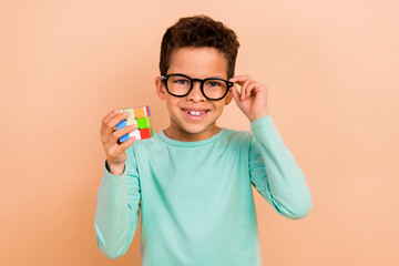 Sticker - Photo of intelligent clever charming boy wearing stylish turquoise clothes playing game hobby isolated on beige color background