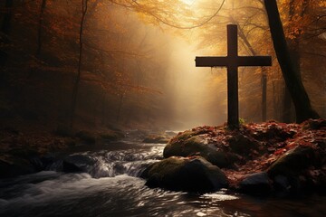 Cross in the forest with sun rays coming through the trees