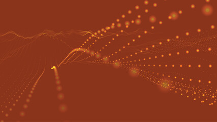 Poster - Wave of particles. Futuristic dots pattern on dark background. Big data digital code. Technology or Science Banner. 3D rendering. Vector illustration.