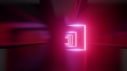 Poster - Abstract flight in space through glowing neon square tunnel. Neon tunnel with rotating square frames. Abstract cycled background. Flying forward through rectangular corridor. looped 3d animation