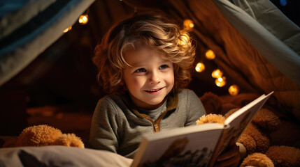 A child is reading a book in a wigwam.