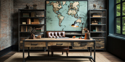 Wall Mural - Industrial-style home office with a reclaimed wood desk Design and a bookshelf