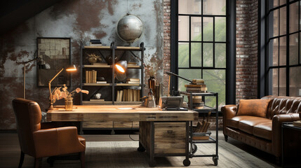 Wall Mural - Industrial-style home office with a reclaimed wood desk Design and a bookshelf