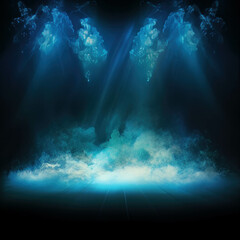 Wall Mural - Energetic stage atmosphere: Blue spotlight with voluminous smoke, creating an immersive concert experience on a dark background. ai generative