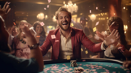 Wall Mural - A happy man winning poker in casino and money flying around him