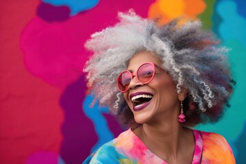 Wall Mural - Portrait of African American mature laughing woman with gray hair on bright colorful background.