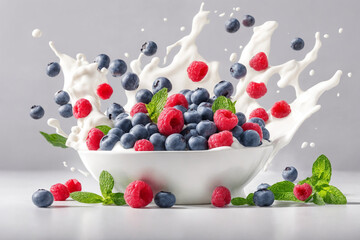 Wall Mural - Fresh Raspberry, blueberries splashing into milk or yogurt. Generative Ai.