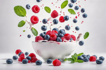 Wall Mural - Fresh Raspberry, blueberries splashing into milk or yogurt. Generative Ai.