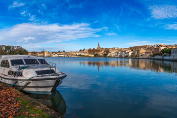 Quay of the Cybelle, and the Canal du Midi, in Castelnaudary, in Aude, in Occitanie, France