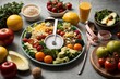 The moment of healthy living, healthy food on wooden table representing a balanced diet