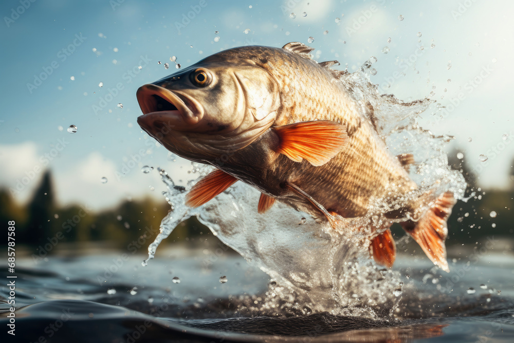 Close up of Fish jumping over the surface water in lake with splashing ...