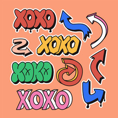Poster - Vintage 90s style sticker set with word XOXO with arrows. Hand drawn lettering in bubble, street style graffiti and 2000s style. Ideal for stickers, decoration. Different kind of arrows.