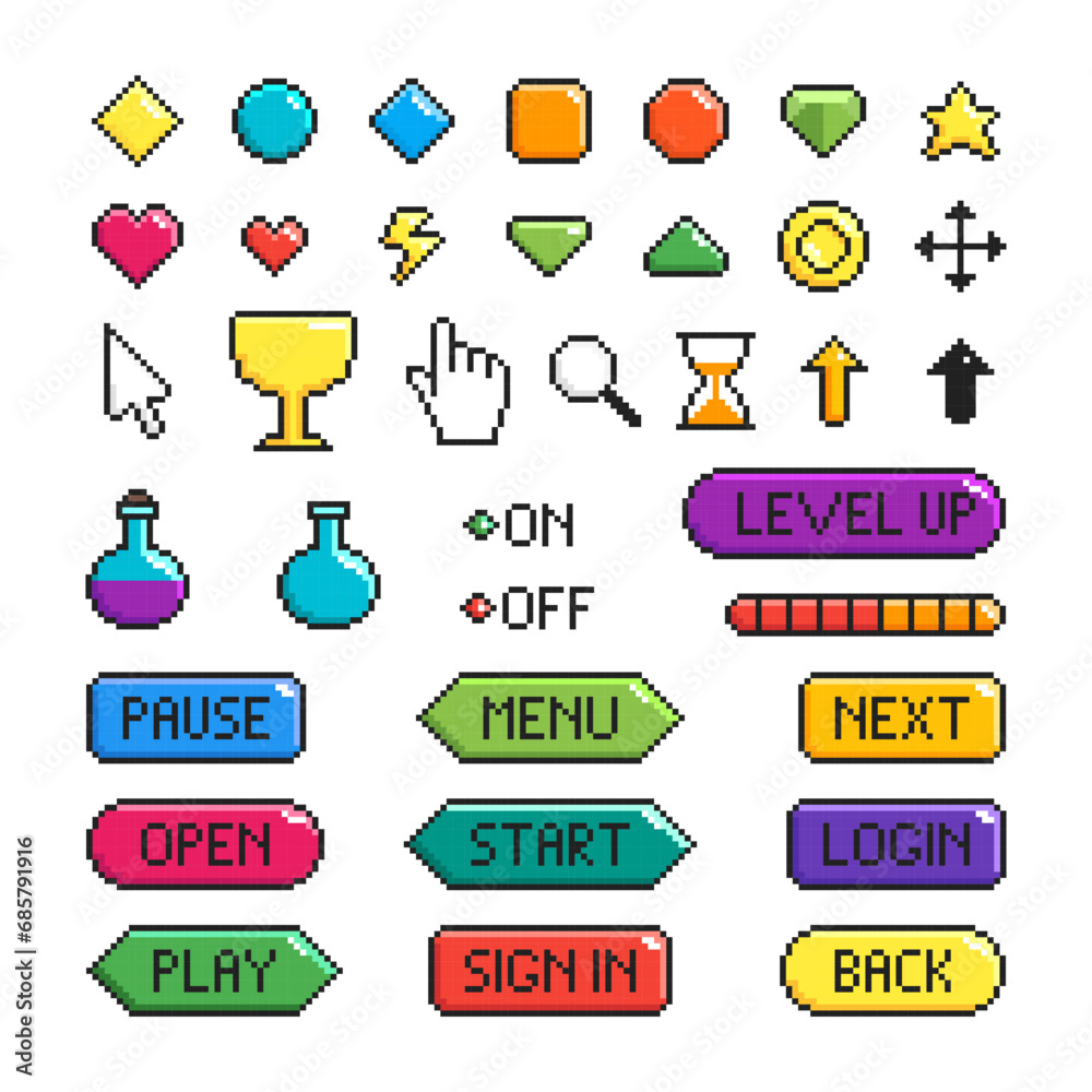 Cartoon Color Pixel Game Button Icon Set Elements Interface Bar Concept ...