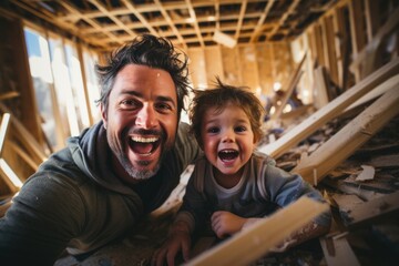 Father and his little son having fun in their unfinished house.