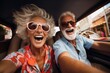Happy senior multiracial couple having fun on road trip summer