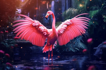 Wall Mural - Pink flamingo beautiful wings in fantasy forest