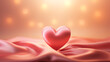 St. Valentine's day background. A pink heart on a red satin fabric with a silky texture. The background is a warm orange color with blurred lights.
