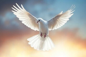 Wall Mural - A white pigeon flies in the sky. Dove of peace. AI generative