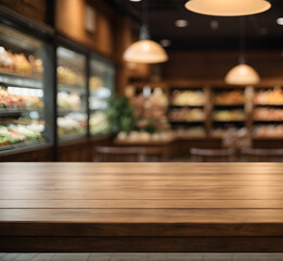 Poster - empty wooden table with beautiful grocery store background