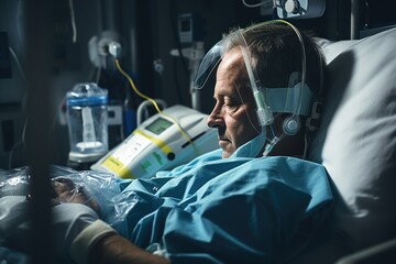 Wall Mural - Nurse fitting oxygen mask on patient in hospital bed