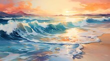 AI Generated Illustration Of A Golden Sun Setting Over A Stunning Expanse Of Blue Ocean Waters