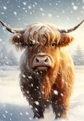 Poster -  a painting of a yak standing in a snowy field with pine trees in the background and snow flakes on the ground in the foreground, with snow falling on the ground.