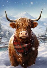 Poster -  a painting of a cow with a scarf around its neck in a snowy scene with mountains and trees in the background and snow falling all over the top of it.