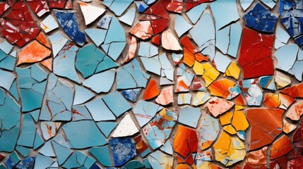 Wall Mural -  a close up of a wall made up of many different colored pieces of broken glass with a red, yellow, blue, and orange color scheme on the wall.